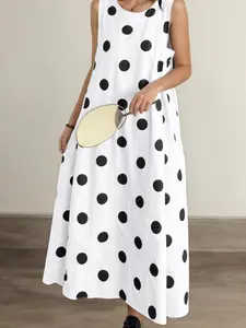 ZANZEA Women's Polka Dot Dress, Half Round Neck, Loose Fit A-Line, Sleeveless, Medium Length, Casual Wear, Suitable for Daily and Commuting