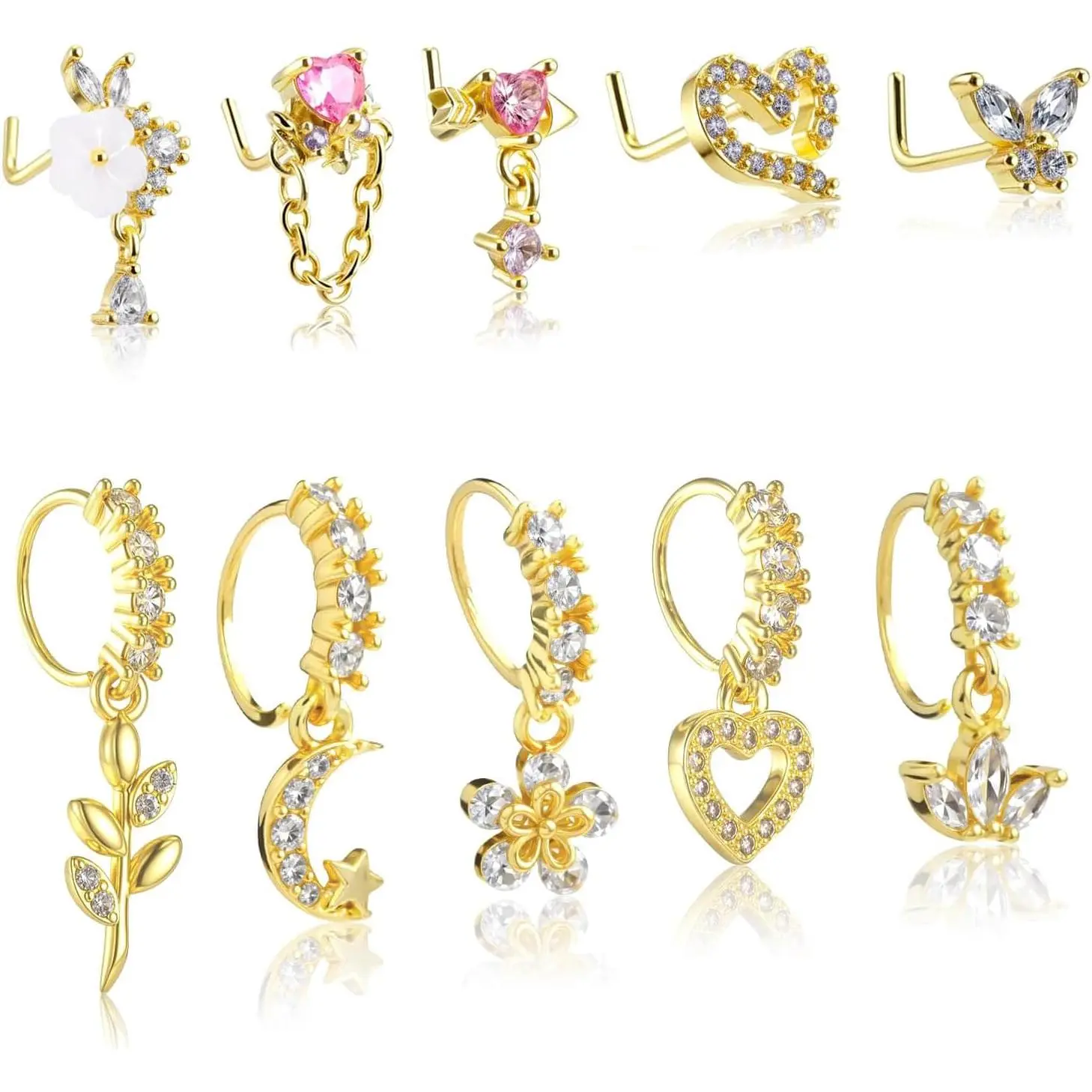 10 count Dangle Nose Rings Hoop for Women  L Shaped Rings Studs Dangling Septum Nose   Set Charm Heart Moon Butterfly Shape Cute Nose Rings Hoops Charm Cartilage Earring for Women