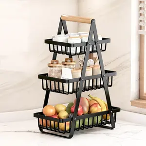 Three-Tier Fruit Basket, Removable Metal Vegetable Basket with Wooden Handle, Black, Modern, Carbon Steel, 88-Pound Capacity, Kitchen & Home Supplies