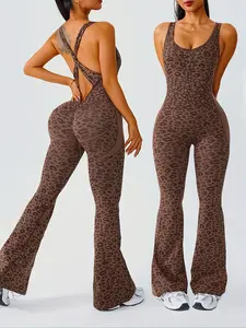 Women's Leopard Print Cross Belt Yoga Jumpsuit, Sports Jumpsuits, Workout Jumpsuits, Spring Summer Sportswear, Casual Fashion Pants, Home Commute Wear, Sporty Comfy Jumpsuit