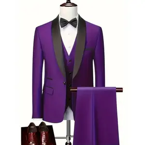 3-Piece Classic Dress Suit Set For Men - Elegant Formal Wear For Business, Banquet, And Wedding Party - Shawl Lapel Collar, Buttoned Blazer, V-Neck Single Breasted Waistcoat, Slim Fit Pants, And Sophisticated Accessories Menswear Sleeve Vest Viscose