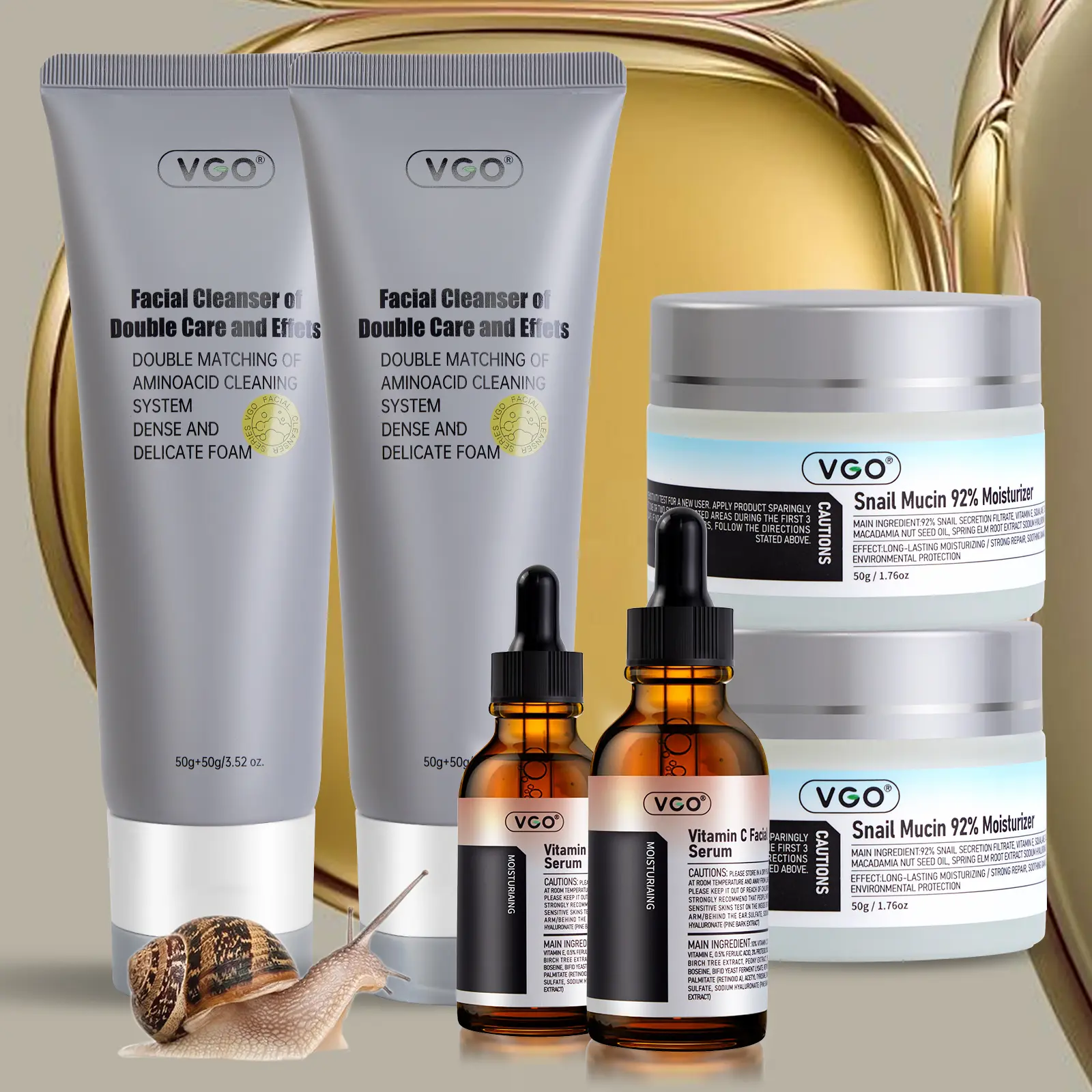 VGO 3-Piece Facial Serums Set with Charcoal Cleanser, Vitamin C Serum & Snail Mucin Moisturizer for Cleansing, Hydration & Skin Repair, Suitable for All Skin Types