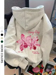 Women's Floral Print Hooded Sweatshirt, Loose Fit Everyday Casual Aesthetic Tops Pullover with Drawstring Drop Shoulder Sleeves, Perfect Fall Layering Choice Womenswear