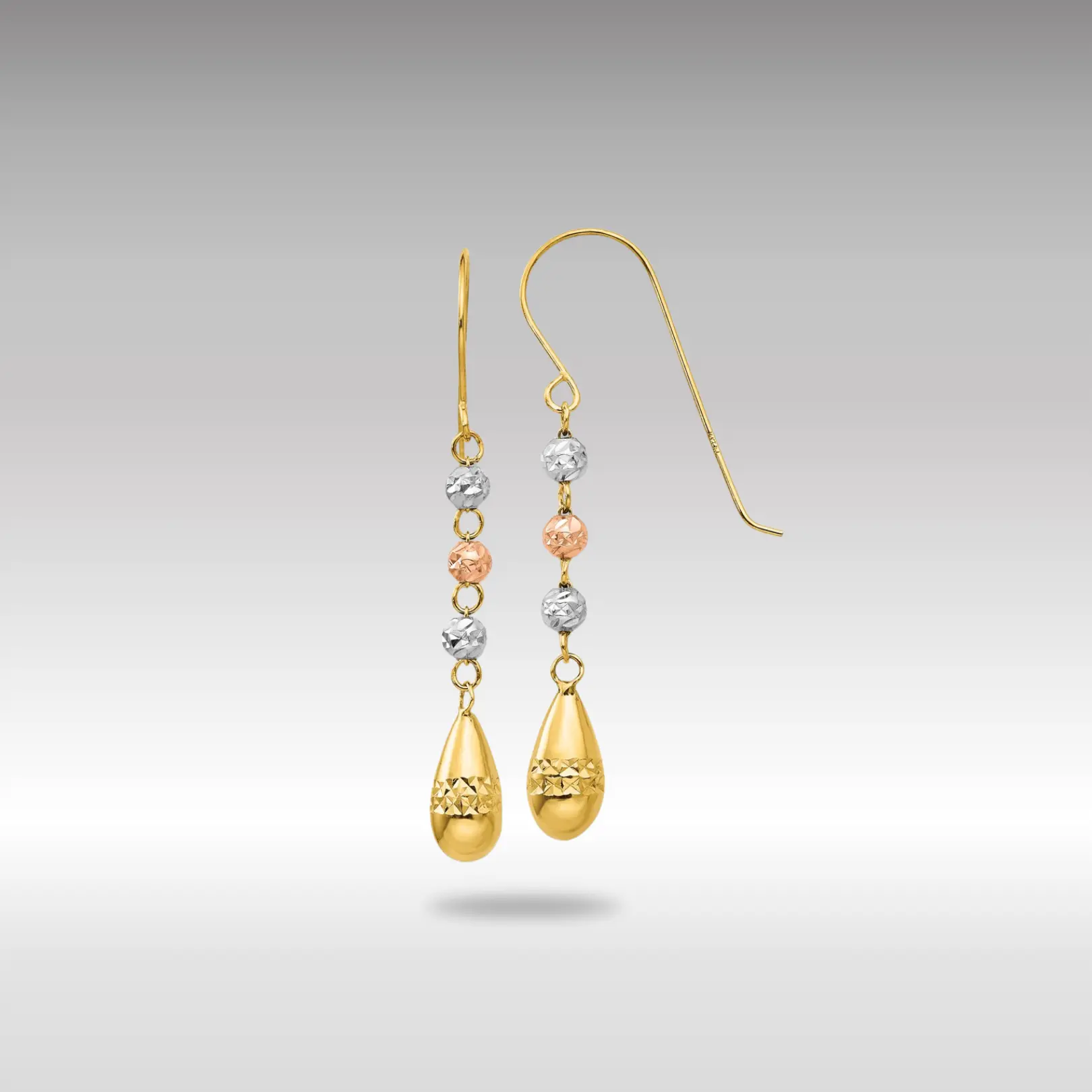 14K Gold Tri-color Diamond-cut Teardrop Beaded Puff Dangle Earrings - Model TL537