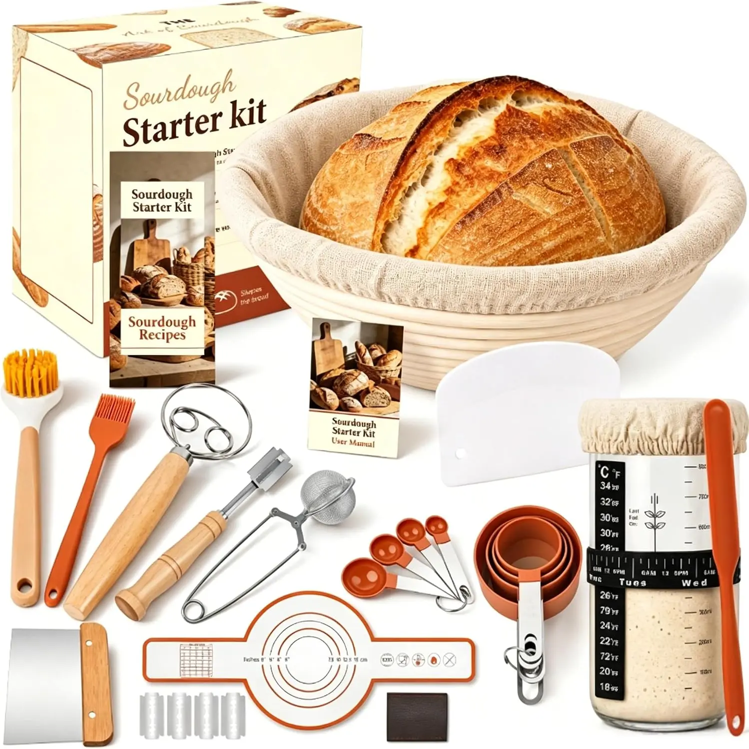Sourdough Starter Kit with Banneton Proofing Basket, Starter Jar, Dough Whisk and Scrapers