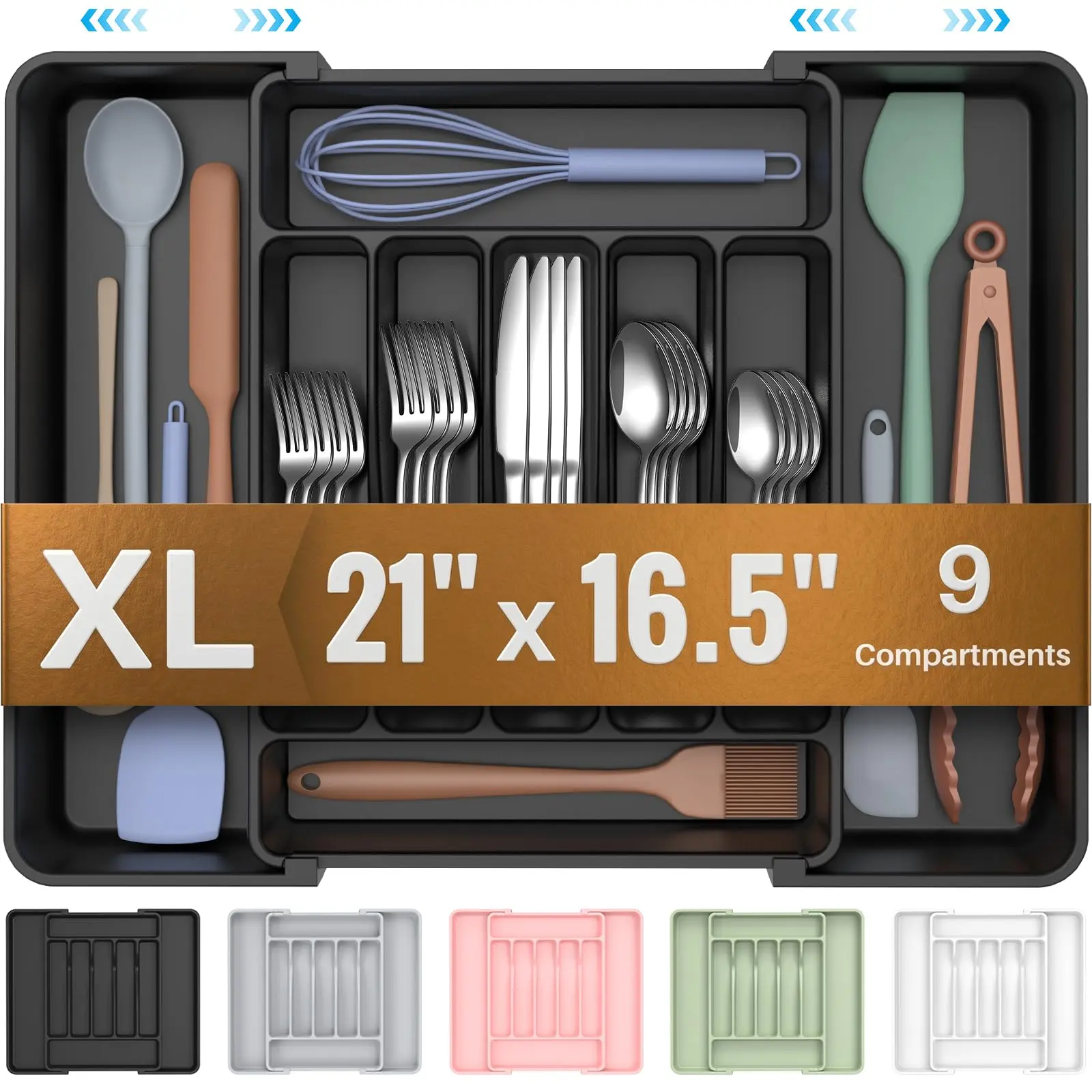 Black Rectangular Adjustable Silverware Organizer - Smooth Expandable Panels, Buckle, BPA-Free Eco-Friendly Durable Food-Safe, Drawer Fit Kitchen Utensil Holder for Spoons, Forks, Knives, Housewarming Gift