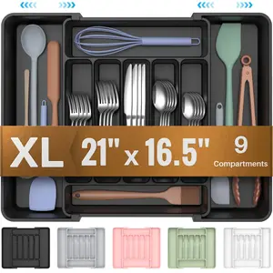 Extra Large Expandable Silverware Organizer, BPA-Free Food-Safe Cutlery Flatware Organizer, Kitchen Utensil Drawer Organizer, Adjustable Silverware Holder for Spoons Forks Knives, Black