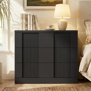 Sikaic 27.6” Tall Fluted Nightstand, 31.5” Wide Oversized Night Stands, Extra Large Wood Bedside Side Table, 3 Drawers Storage, Mid-Century Modern End Table for Bedroom Sofa Living Room, Thickened Top