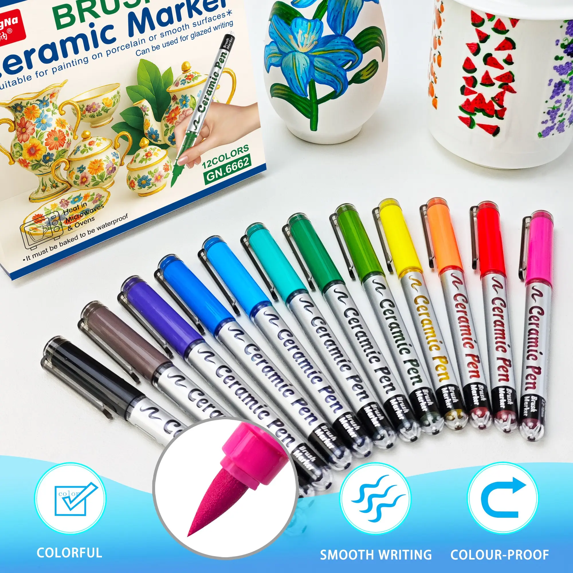 12-Piece Ceramic Marker Set, Smooth Writing, Waterproof, Ideal for Ceramics, Mugs, Plates, Vases, DIY Art, Colorful & Versatile, Waterproof Art Markers