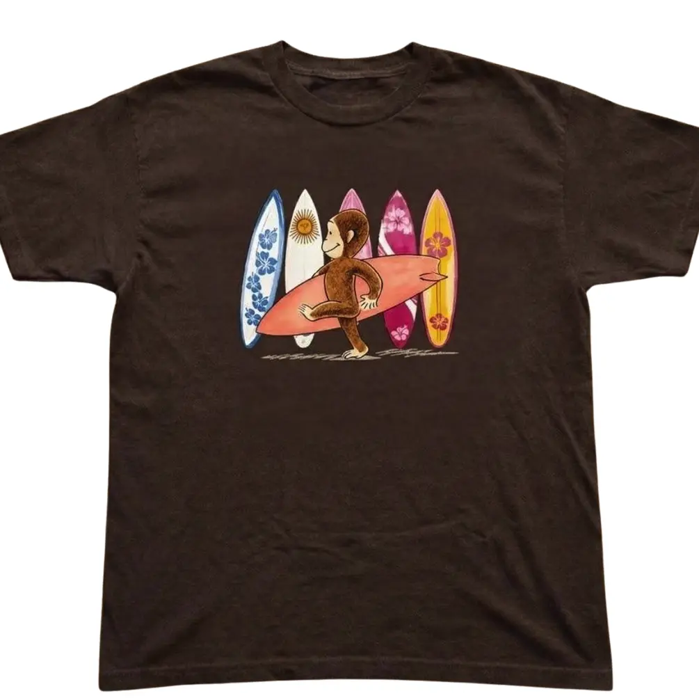Vintage Curious Monkey Surf Tee – Cute Retro Beach Vibes Aesthetic Menswear Top Streetwear Womenswear Top