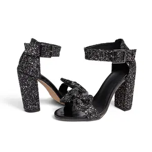 Women's Chunky sequins High Heels Sandals Glitter Bow Open Toe Ankle Strap Block Heel Dress Shoes Black Girl Elegant Footwear Ballroom Buckle sandals women Decor