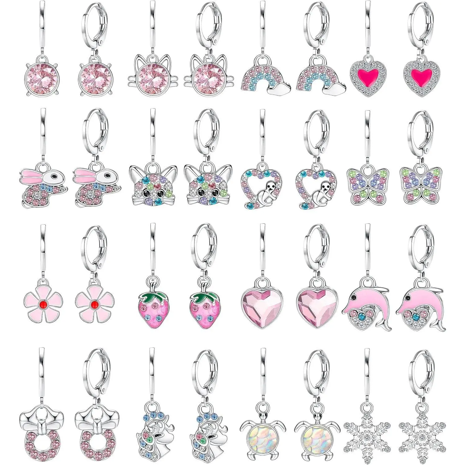 CASSIECA 16-Pair Hypoallergenic Ear Stack Earrings Set, 316L Surgical Stainless Steel 10mm Leverback Dangle Huggie Hoops with Animal Motifs for Women’s Sensitive Ears, Silver/Gold Summer Fashion Accessories
