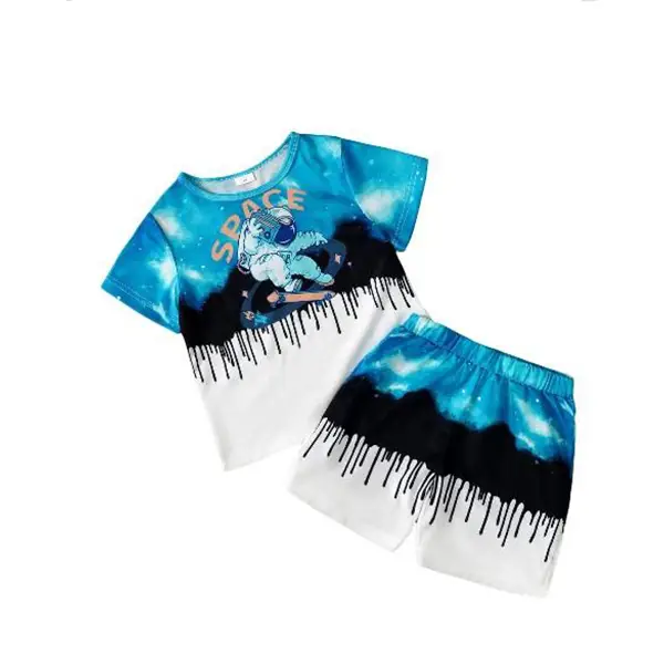 Boy's fashion letter astronaut printed short-sleeved round neck T-shirt with elastic waist sky printed casual pants set boysclothing