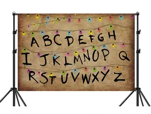 Stranger Alphabet Things String Lights Backdrop – Vintage Paper Background, Handwritten Letters & Colorful Lights, Perfect for Stranger Things Theme Parties & Retro Decor, A Must-Have for Fans, Polyester 2D Print