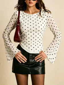Elegant Women's Commuter Blouse with Eyelet Details, Asymmetric Hemline Design, Long Sleeve Casual Top for Stylish Office Wear, Chic Womenswear, Dot