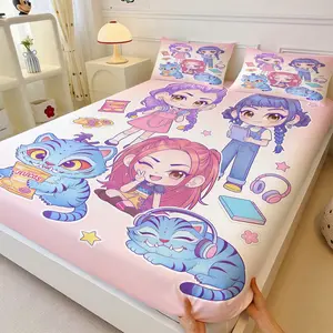 3-Piece K-pop Chibi Girls Sticker Fitted Sheet Set, 1 Fitted Sheet + 2 Pillowcases, Ultra Soft Breathable Fabric, Deep Pocket Non-Slip Mattress Cover, Cute Pastel Aesthetic Bedding, Perfect Birthday Gift for K-pop Fans