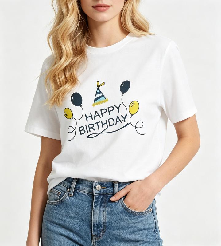 Women's Soft Casual Fitted Graphic T-Shirt - White Short-Sleeve Crewneck Tee, Happy Birthday Balloon Party Hat Design, Beach-Friendly Top, #sohochic