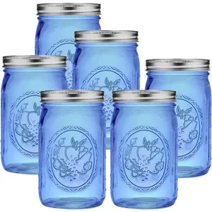 Blue Wide Mouth Mason Jars 32 oz,6 Pack Colored Quart Glass Canning Jars with Airtight Lids for Canning,Pickling,Storage,DIY Crafts & Decor