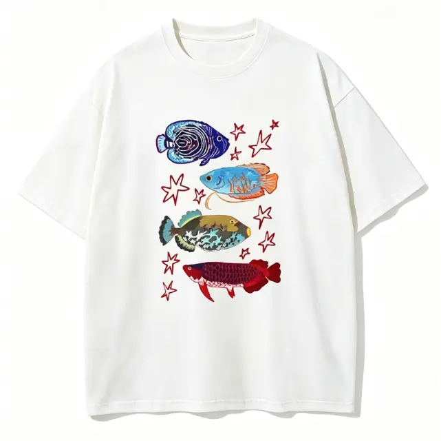 Four Tropical Fish Red Star Outline Watercolor Graphic T-Shirt, Unisex Aquarium Lover Casual Tee, 100% Cotton Printed Craft SummerVibes Casual Top, Relaxed Soft Breathable unisex summer clothing summer outfits unisex