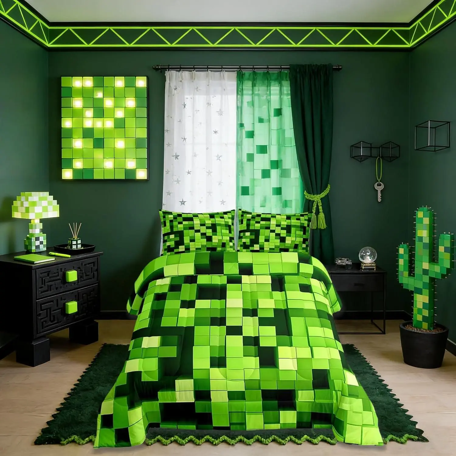 Pixelated Miners Game Comforter Set,Video Games Gamepad Gaming Bedding Set,Room Decor,Geometric Square Quilt Comforter,Light Green Duvet Set Bedroom Quilt Set