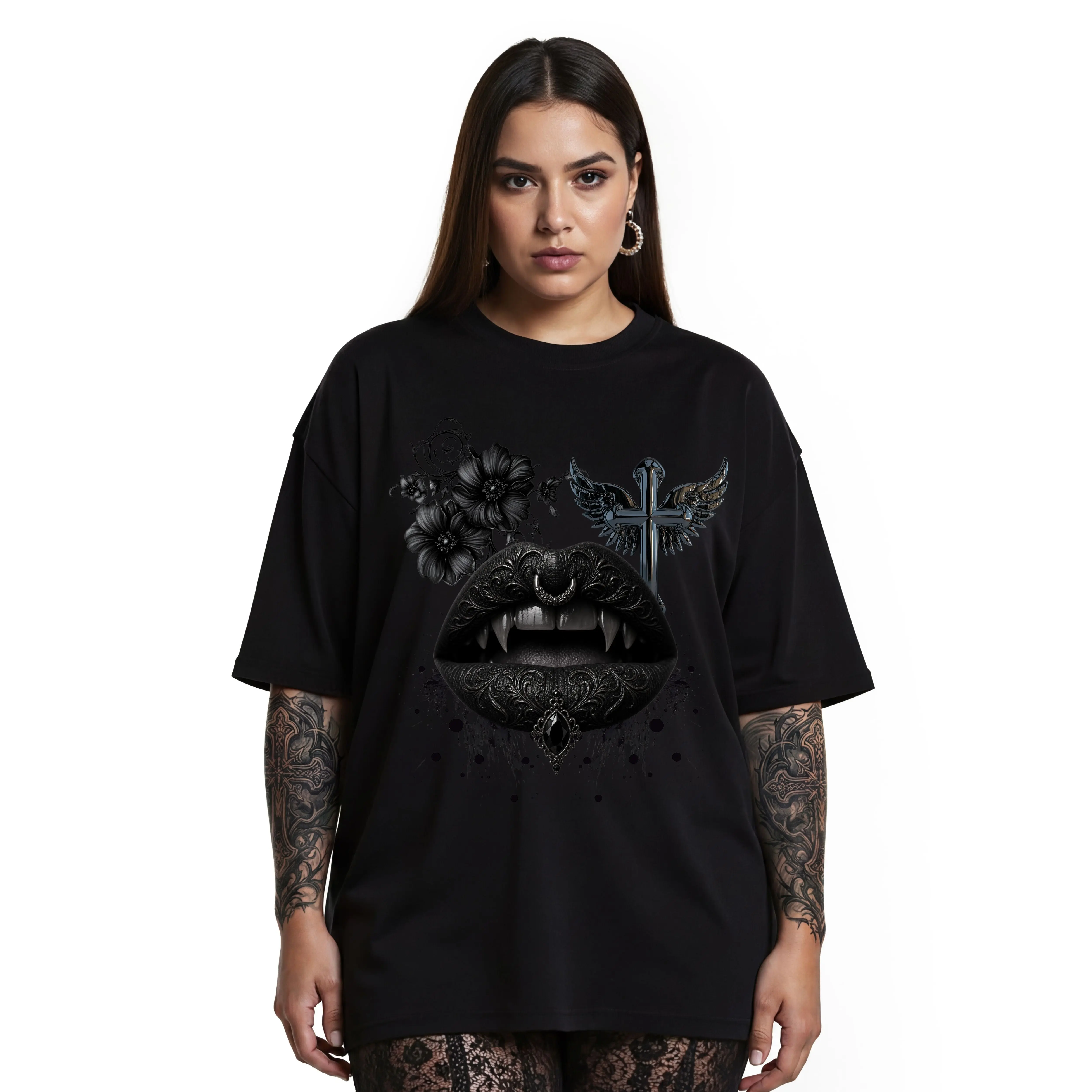 Women's Casual Cotton Tops - Comfortable Fabric Vampire Black Lips and Fangs Graphic Gothic Dark Aesthetic T-Shirt, Fit