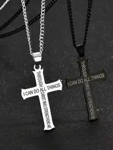 Creative Stainless Steel Cross Pendant Necklace for Men, Letter Design, Choose 2 Colors, Best New Year Gift, Blessing Symbol, Jewelry Present, Faith Necklace, Cross Necklaces