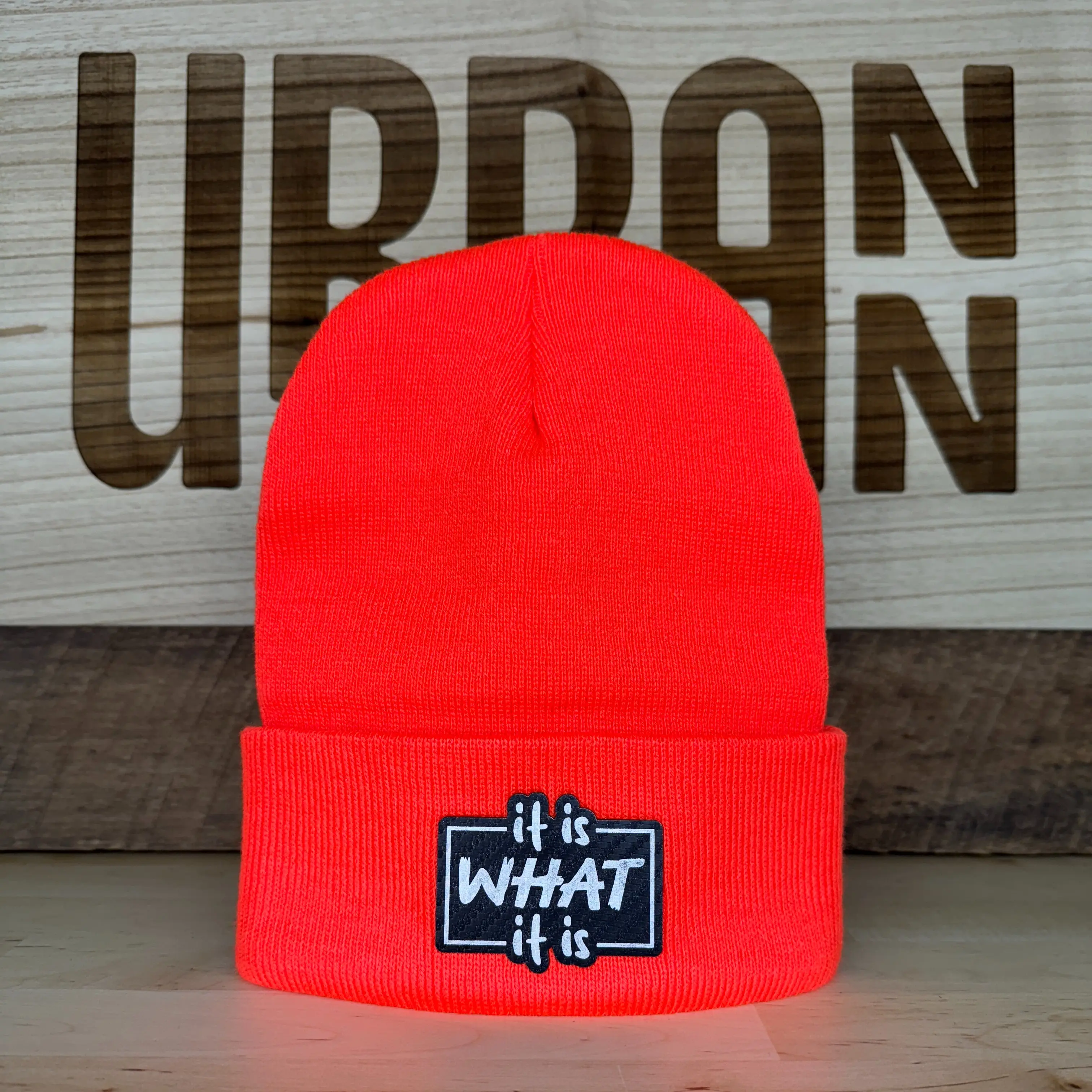 Hi Vis Orange Beanie with Carbon Fiber Black Patch