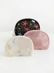Fashion Ocean Element Embroidery Cosmetic Bag, Holiday Casual Beach Bag, Elegant Handbag, Zippered Portable Travel Wash Bag, Portable Storage Bag, Linen Patchwork Net Cosmetic Bag, Travel Essentials, School Supplies, Soft Fabric Cosmetic Bag Set, Fashion