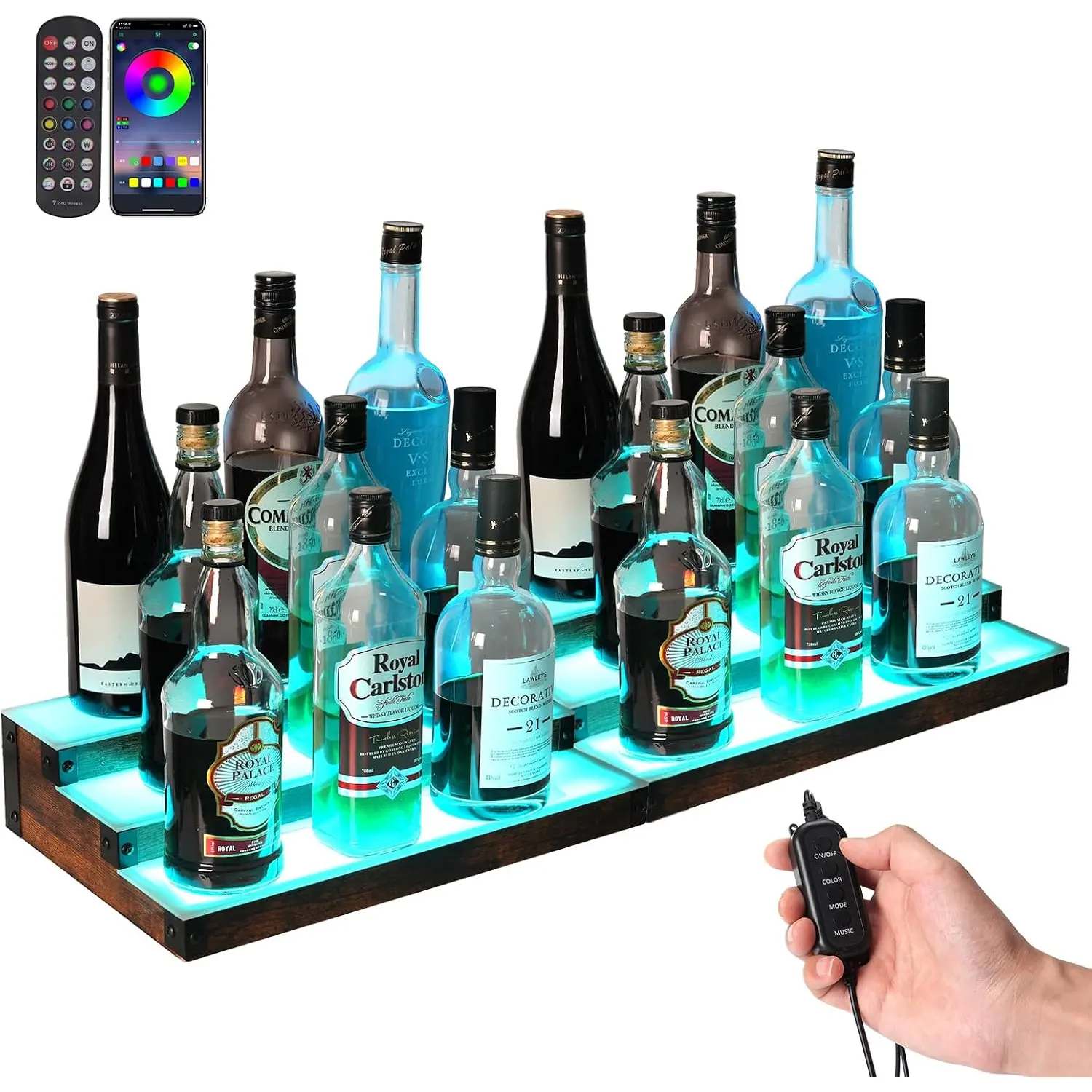 2-Pack 16'’ LED Lighted Liquor Display, 3-Tier 32Inch Total Bar Shelves for Liquor Bottle, Illuminated Home Bar Shelf with RF & App Control, 7 Colors, Music Sync& 1-4H Timming, Light-Up Whiskey Rack