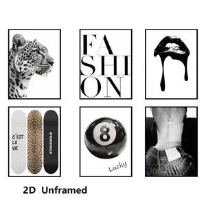 Set of 6: Trendy Leopard-Print Wall Art, Black-and-White Aesthetic, Cheetah Poster, Printed Art, Lucky No. 8 Ball, Lips, Canvas Art—Perfect for Girls' Rooms, Bedrooms, Apartments, and Dorm Decor. Frameless 2D Canvas Art