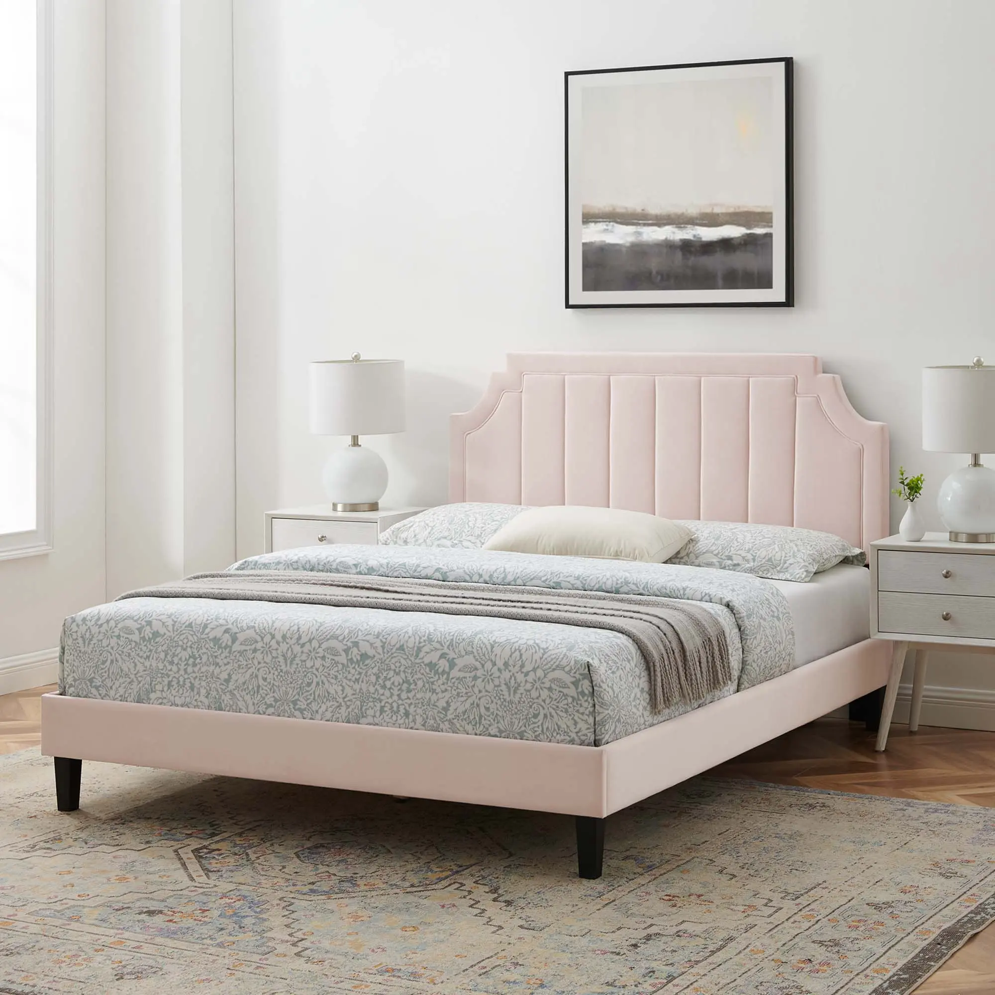 Modway Sienna Performance Velvet Queen Platform Bed in Pink