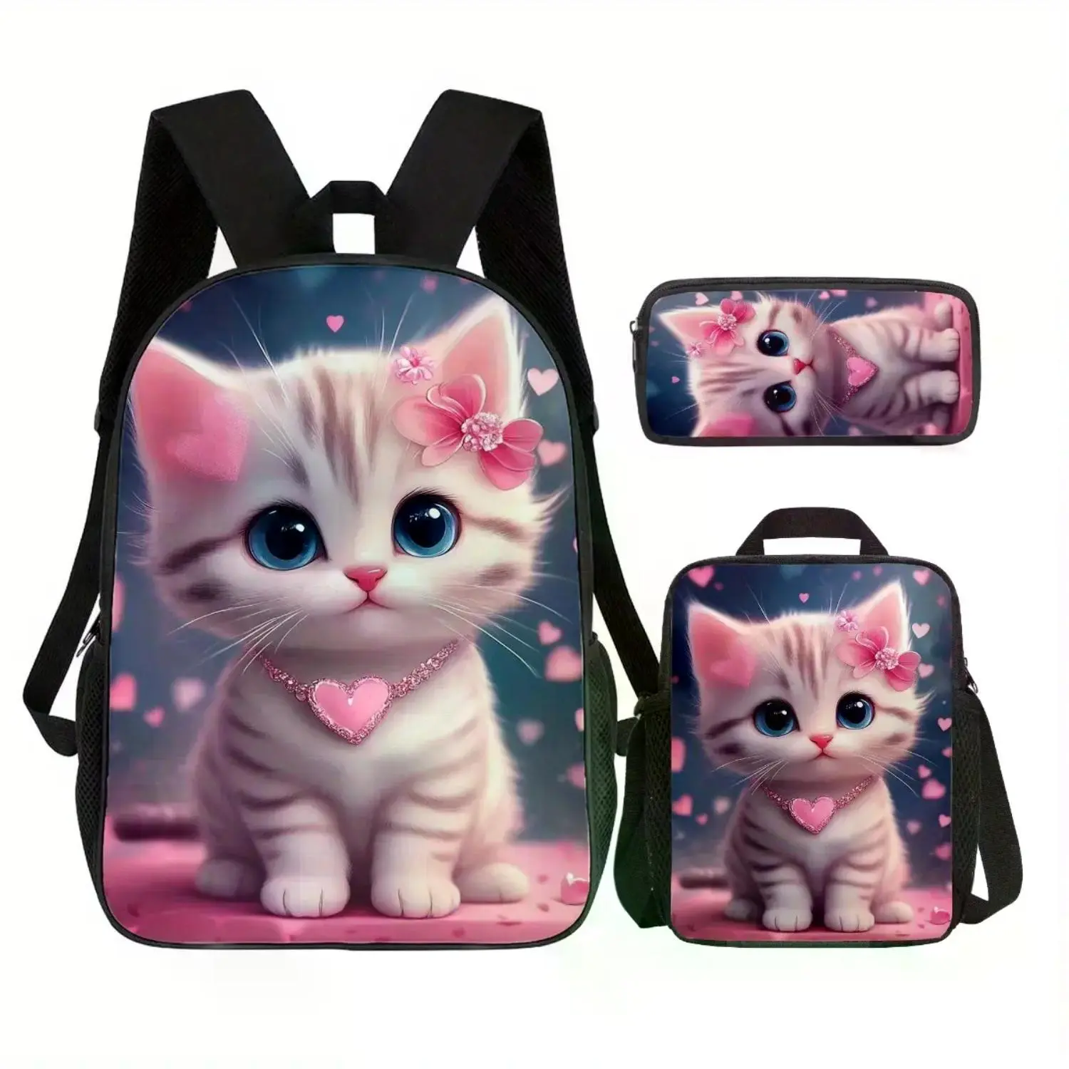 Kids' 3-Piece Kitten Backpack Set with Insulated Lunch Bag and Pencil Case, Durable 600D Oxford, Large Capacity, Adjustable Straps, Fits 15-Inch Laptop for School and Travel
