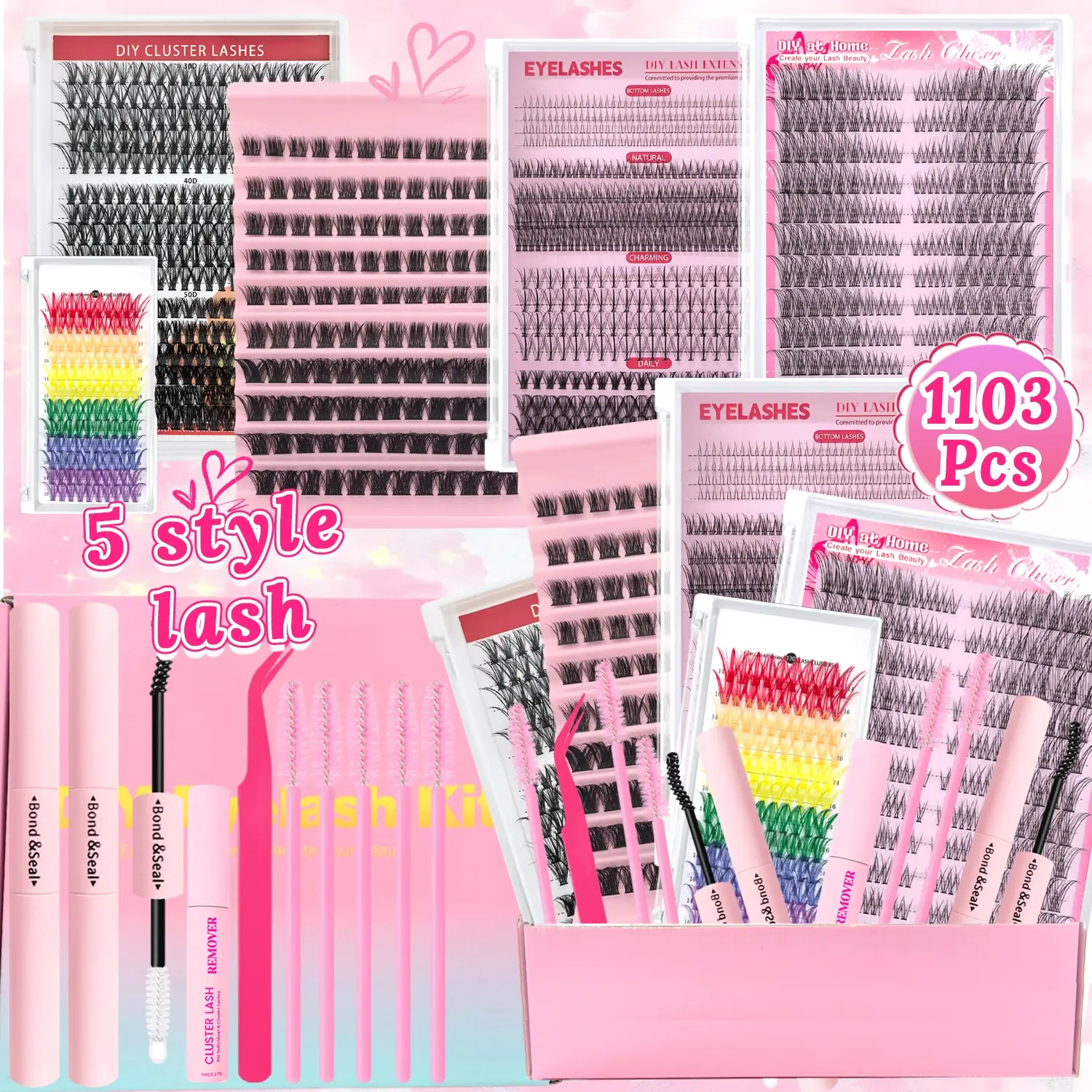 14 Counts DIY Eyelash Clusters Kit, Mixde Style Wispy Fluffy Lashes Eyelash Extensions, 9-16mm D Curl Individual Lashes, Volume Lashes, 2 Bond and Seal, Remove, Tweezer, Brush, Mini Box, Special Occasion Eyelashes, Cosplay, Eyelash Extension Glue