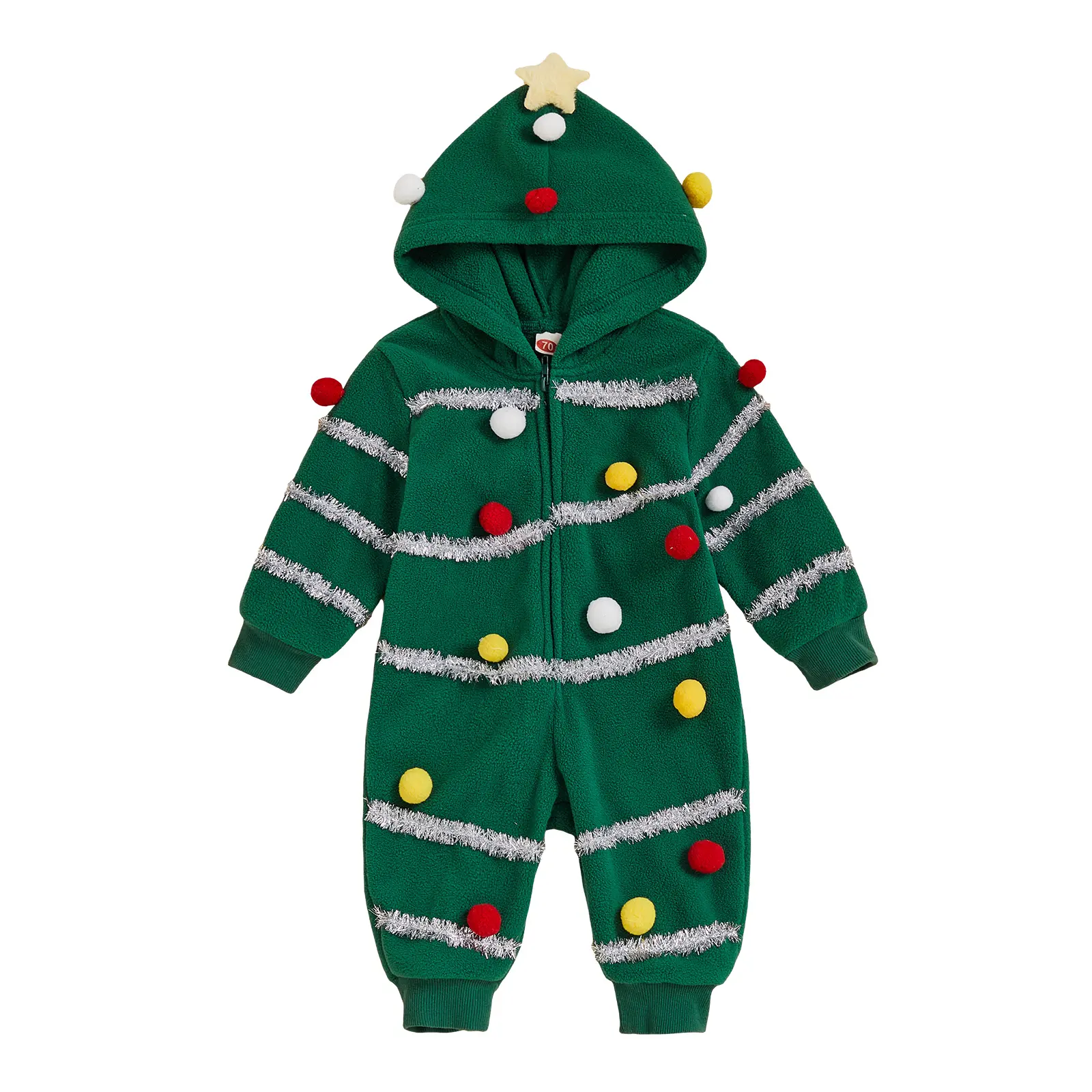 Canrulo Toddler Baby Girl Boy Christmas Tree Jumpsuit Cosplay Costume Plush Ball Long Sleeve Zip-up Hooded Romper Fall Winter Clothes 6M-5T