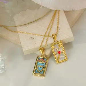 Women's Trendy Rectangular Tarot Card Pendant Necklace - Enamel & CZ Inlaid Mystic Design, Trendy Charm Necklaces, Spiritual Costume Jewelry for Daily Wear, Parties, Meaningful Gifting,summervibes