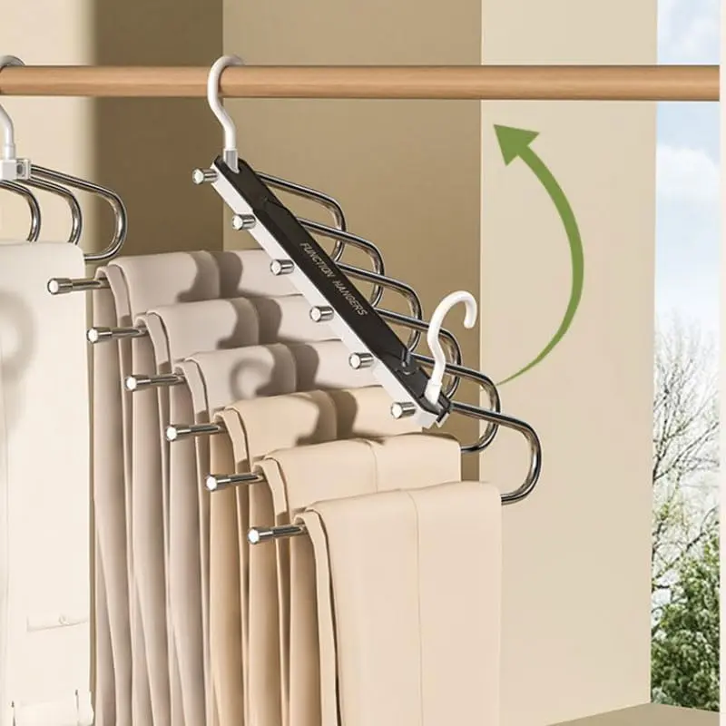 6 Layer Pants Hanger Space Saving Closet Organizer with 50mm Wide Spacing, Anti-Slip Multifunctional Pants Rack for Jeans Trousers Wardrobe