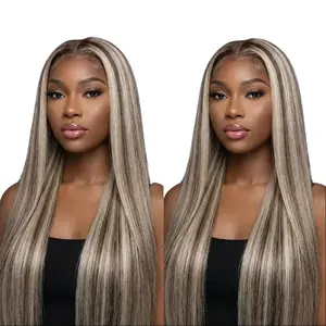 Straight Ombre Ash Bonde Highlight With Brown roots Human Hair Pre Plucked Highlight 613 Colored 13x6 HD Transparent Lace Frontal Wigs With Baby Hair Blonde Human Hair Lace Front Wig For Woman 180% Density