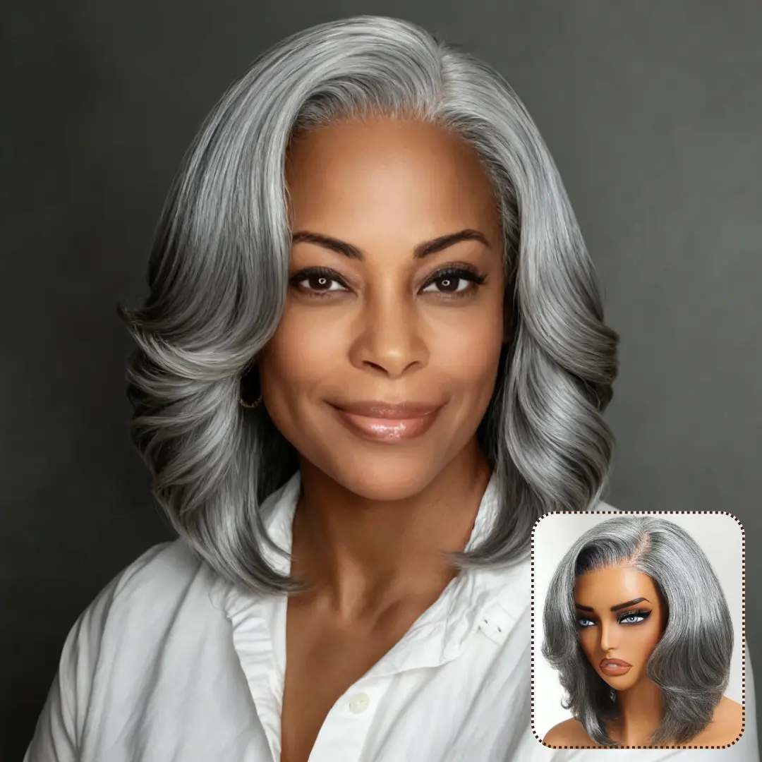 Human Hair Wig, Salt & Pepper Layered Bob Cut with Blowout Straight Style, Side Part Glueless 6.5x1.5 Lace Closure, Silver Gray, Beginner Friendly