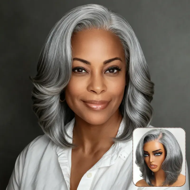 【Blowout Layered Bob】UNice Salt and Pepper Side Part Glueless Straight Bob Wig 6.5x1.5 Lace Closure Human Hair Wigs Silver Gray for Fashional Looking Beginners Friendly
