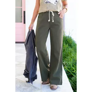 Olive Straight Leg Pants with Drawstring
