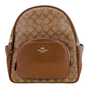 Coach Court 27 Logo-Embellished Coated Canvas and Pebbled Leather Backpack for Women, Large Size, Brown Monogram