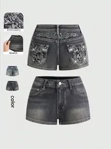 Vintage Y2K Punk Low Waist Jeans Shorts, Embroidered Rivets Beads Design, Washed Denim Shorts, Slim-Fitting, Casual Style