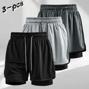 Men’s 2-in-1 sports shorts, 3-pack — double-layer running shorts; suitable for fitness, summer casual wear, and everyday use.