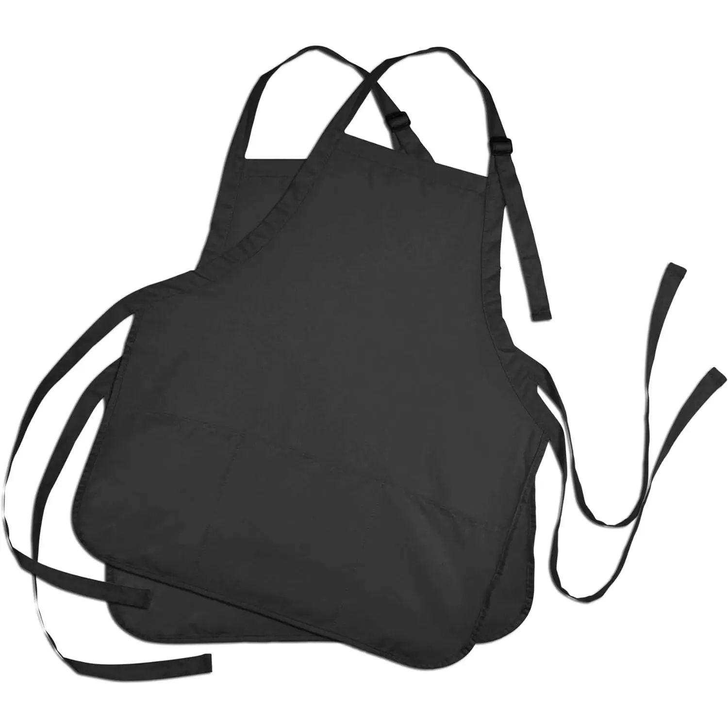Adjustable Spun Poly Cotton Bib Aprons - 2 Pack, Black, 3 Pockets, for Commercial Restaurant & Home Kitchen Use
