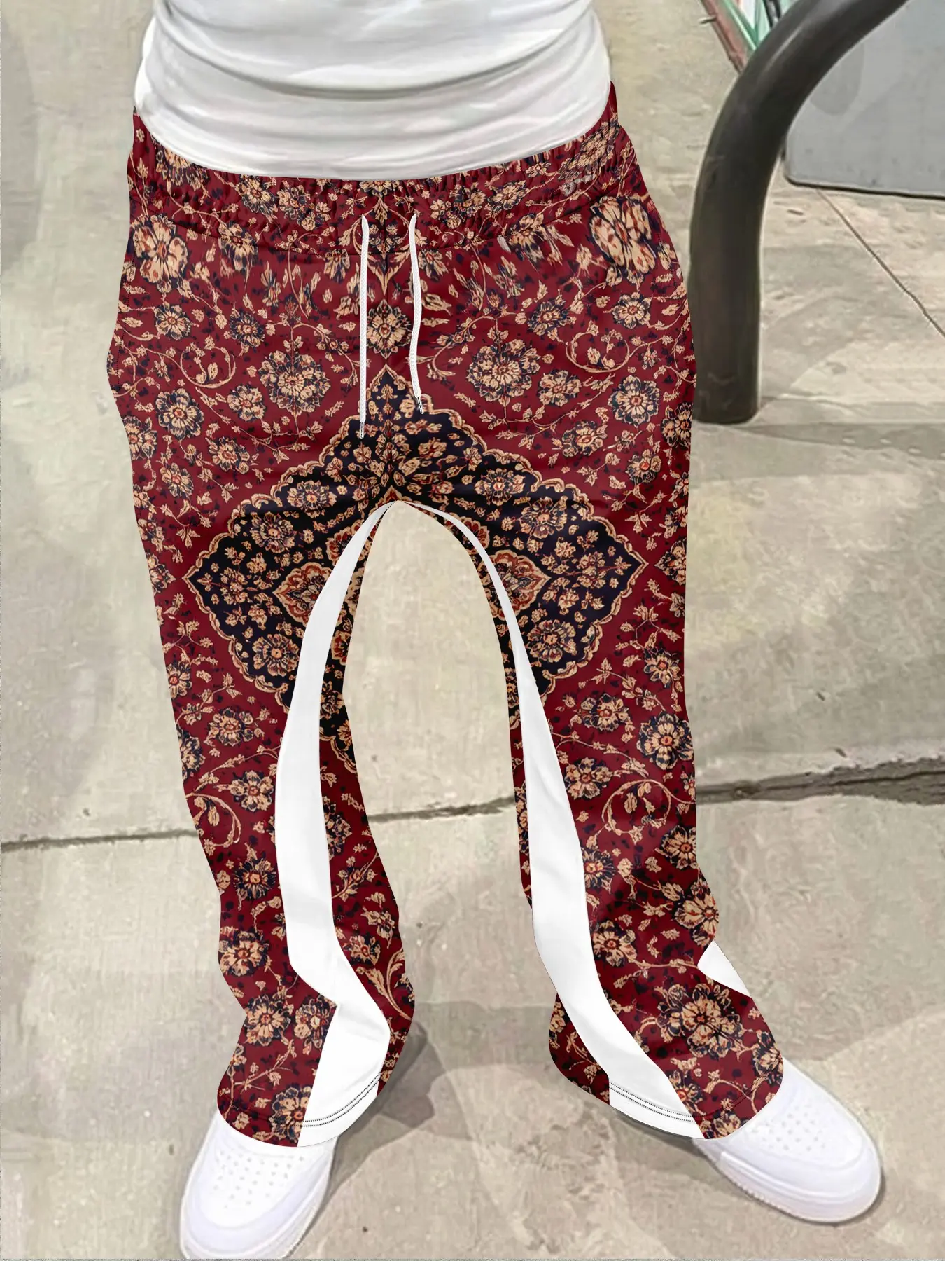 Burgundy Floral Print Satin Flare Pants, Vintage Luxurious Casual Wear, Geometric Pattern, Fitted Style, All Seasons