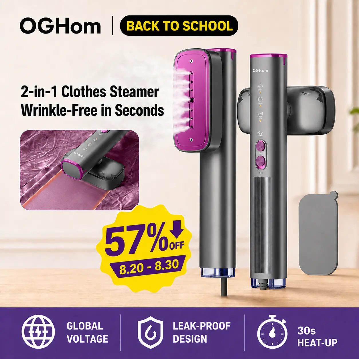 【BackToSchool】OGHom Steamer for Clothes, 110-240V Travel Steamer & Iron 2 in 1, 1000W Powerful Steam, Portable Handheld Garment Wrinkle Remover, 30s Fast Heat-Up with Dry & 2-Steam Control, for Global & Europe Max Version
