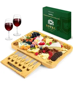 Royal Craft Wood Charcuterie Board – Bamboo Cheese Board & Wooden Serving Platter with Cutlery Set, Charcuterie Tray for Entertaining & Tableware (17.5”x13”)