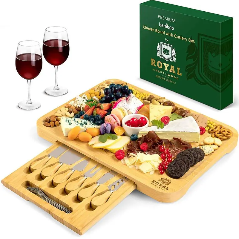 Royal Craft Wood Charcuterie Board – Bamboo Cheese Board & Wooden Serving Platter with Cutlery Set, Charcuterie Tray for Entertaining & Tableware (17.5”x13”)