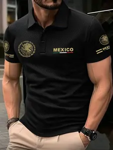 Men's Casual Short Sleeve Polo Shirt, Classic Mexico Icon Design, Breathable Elastic Fabric, Perfect for Daily Wear and Outdoor Activities