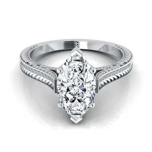 Hand-Engraved Vintage Cathedral Solitaire Marquise Engagement Ring Setting in Platinum
